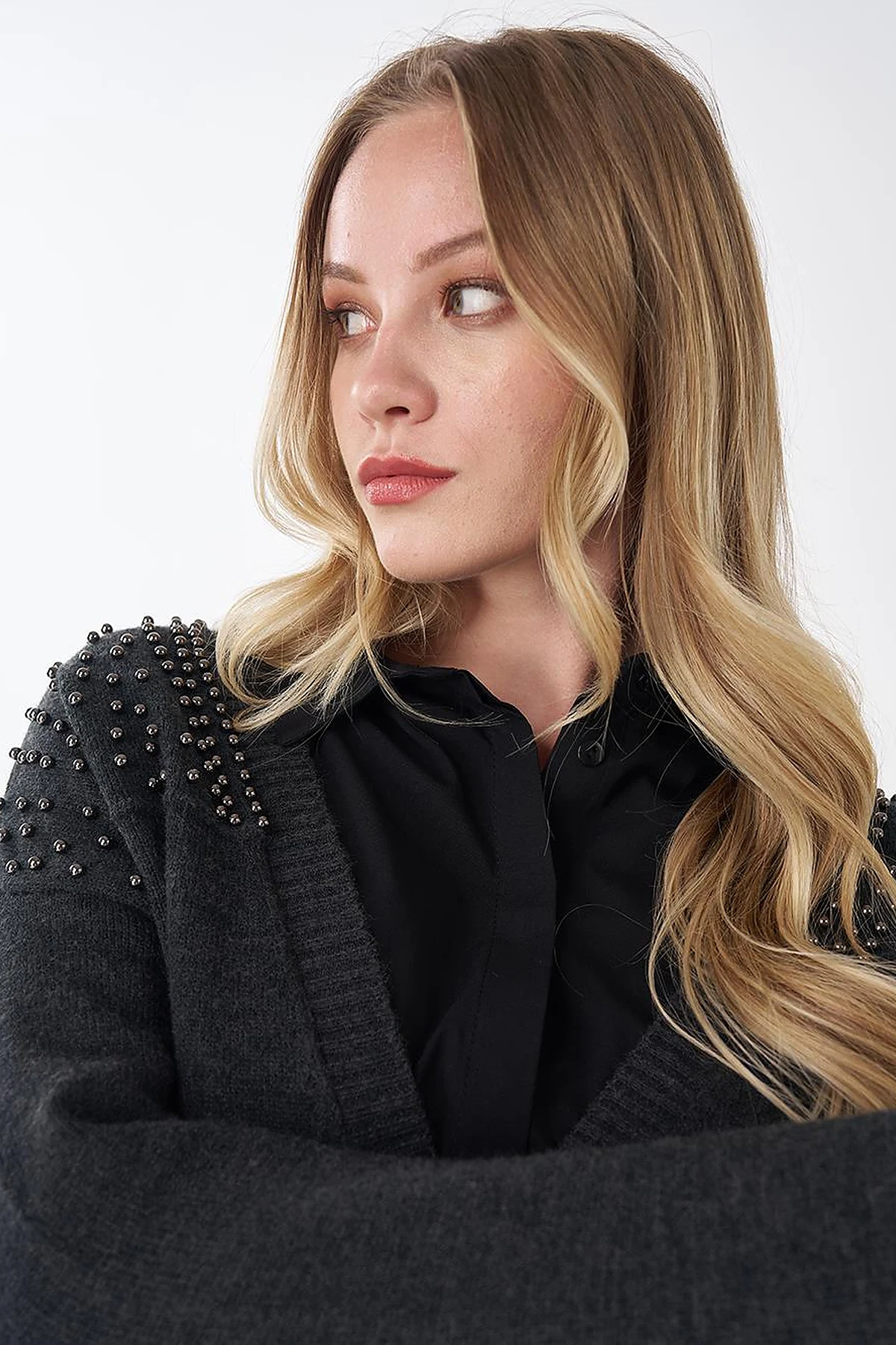 Embroidered Knit Cardigan Anthracite 