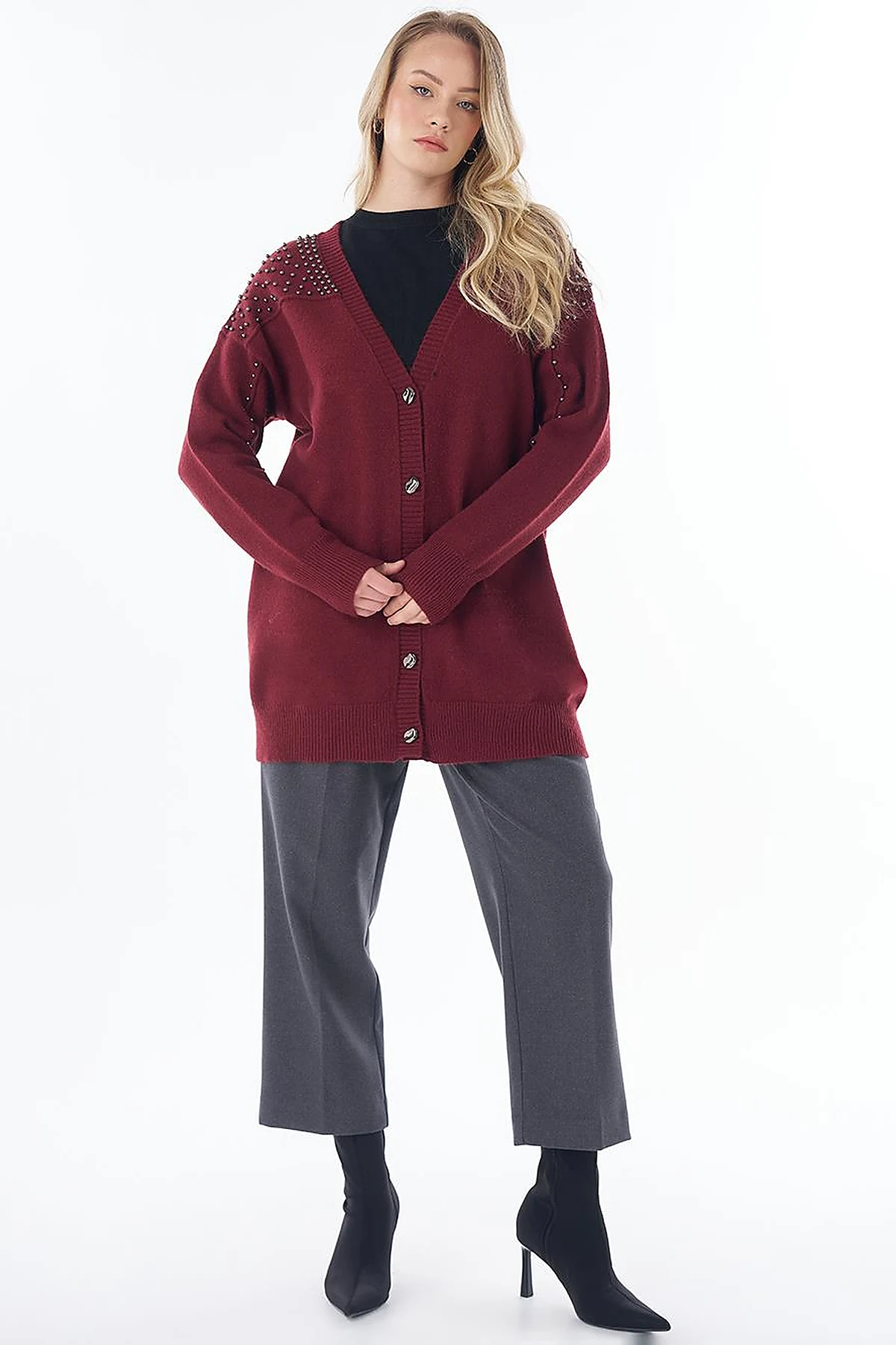Embroidered Knit Cardigan Burgundy