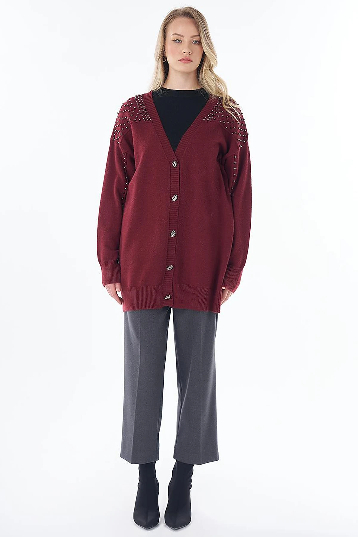 Embroidered Knit Cardigan Burgundy