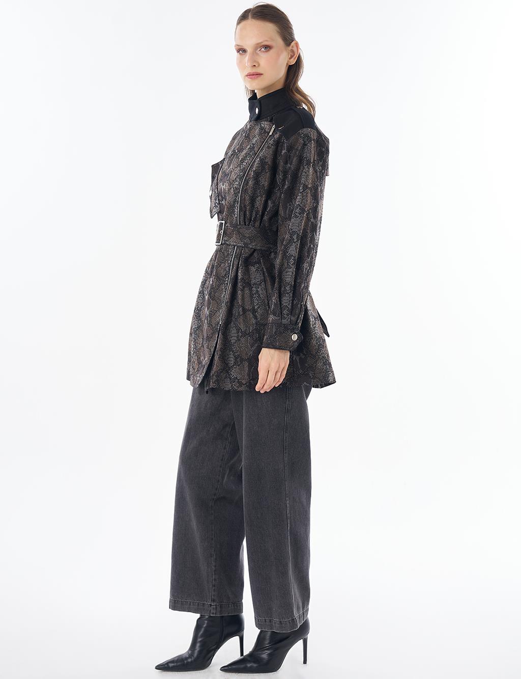 Animal Print Stand Collar Jacket Black