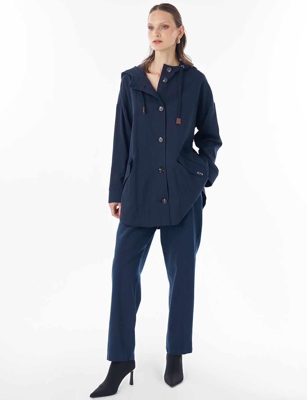 Hooded Cropped Trench Coat Dark Navy