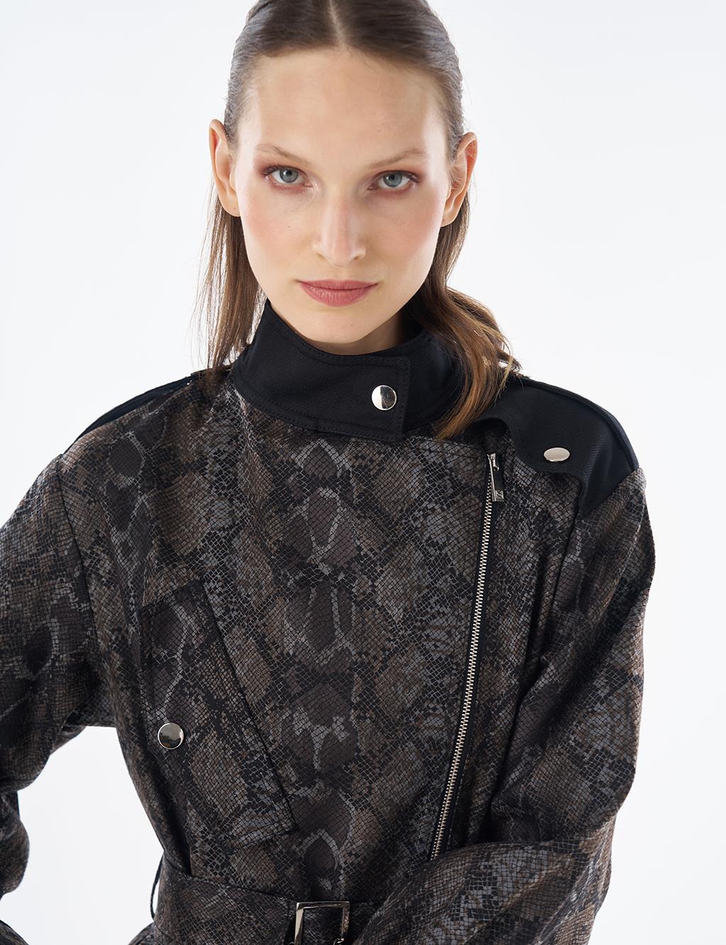 Animal Print Stand Collar Jacket Black
