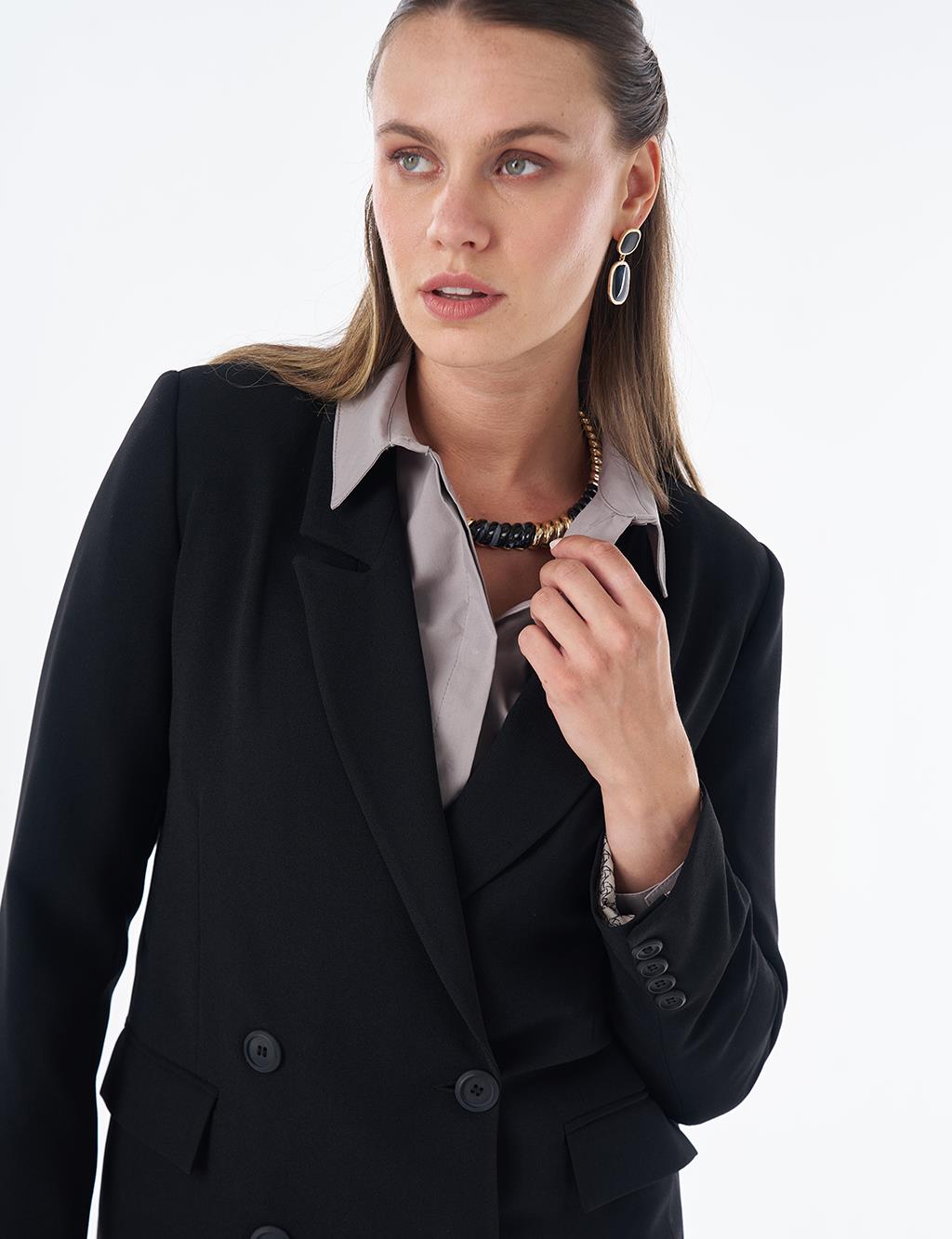 Cover Pocket Crepe Blazer Jacket Black