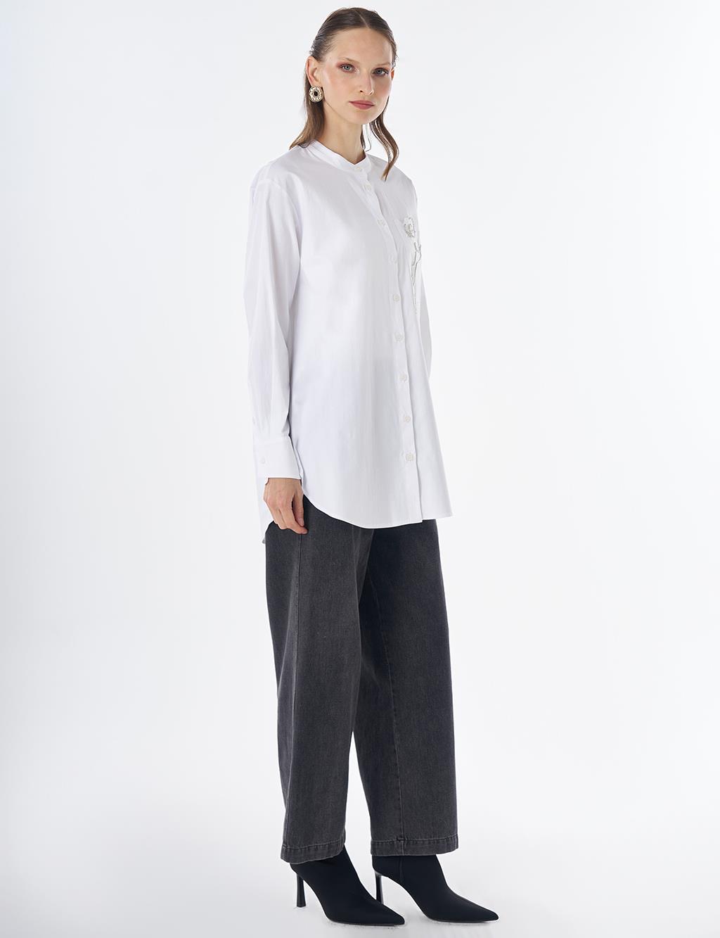 Band Collar Cotton Tunic Optical White
