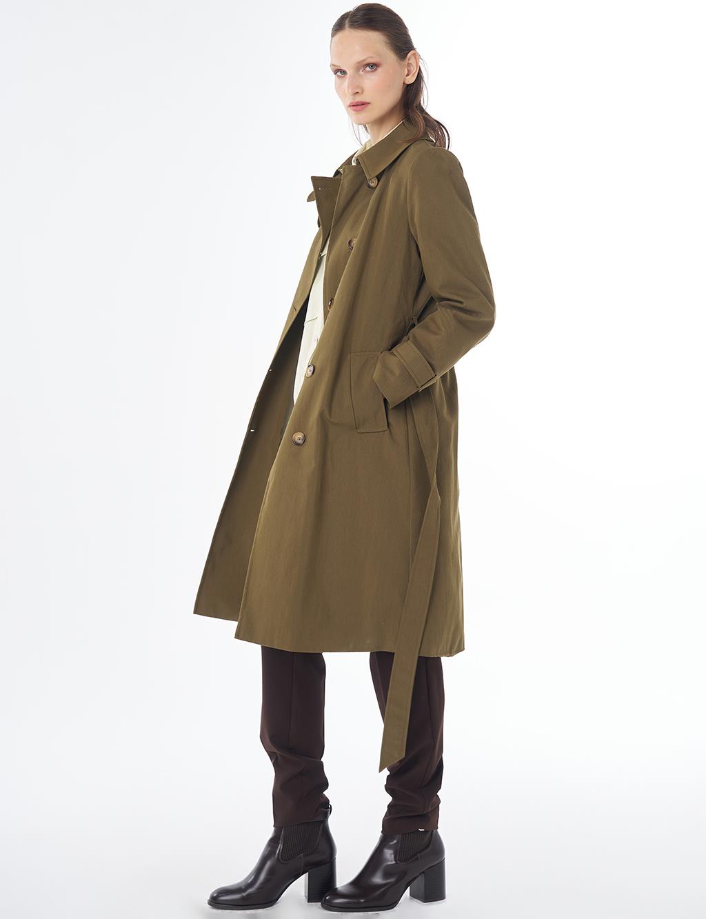 Convertible Collar Double-Breasted Trench Coat Khaki