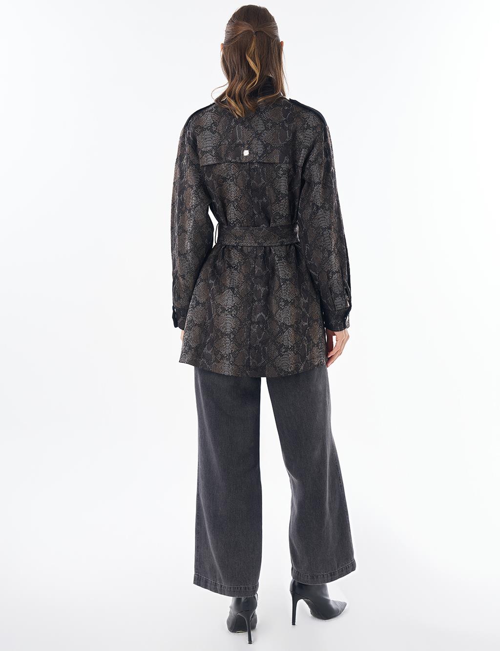 Animal Print Stand Collar Jacket Black