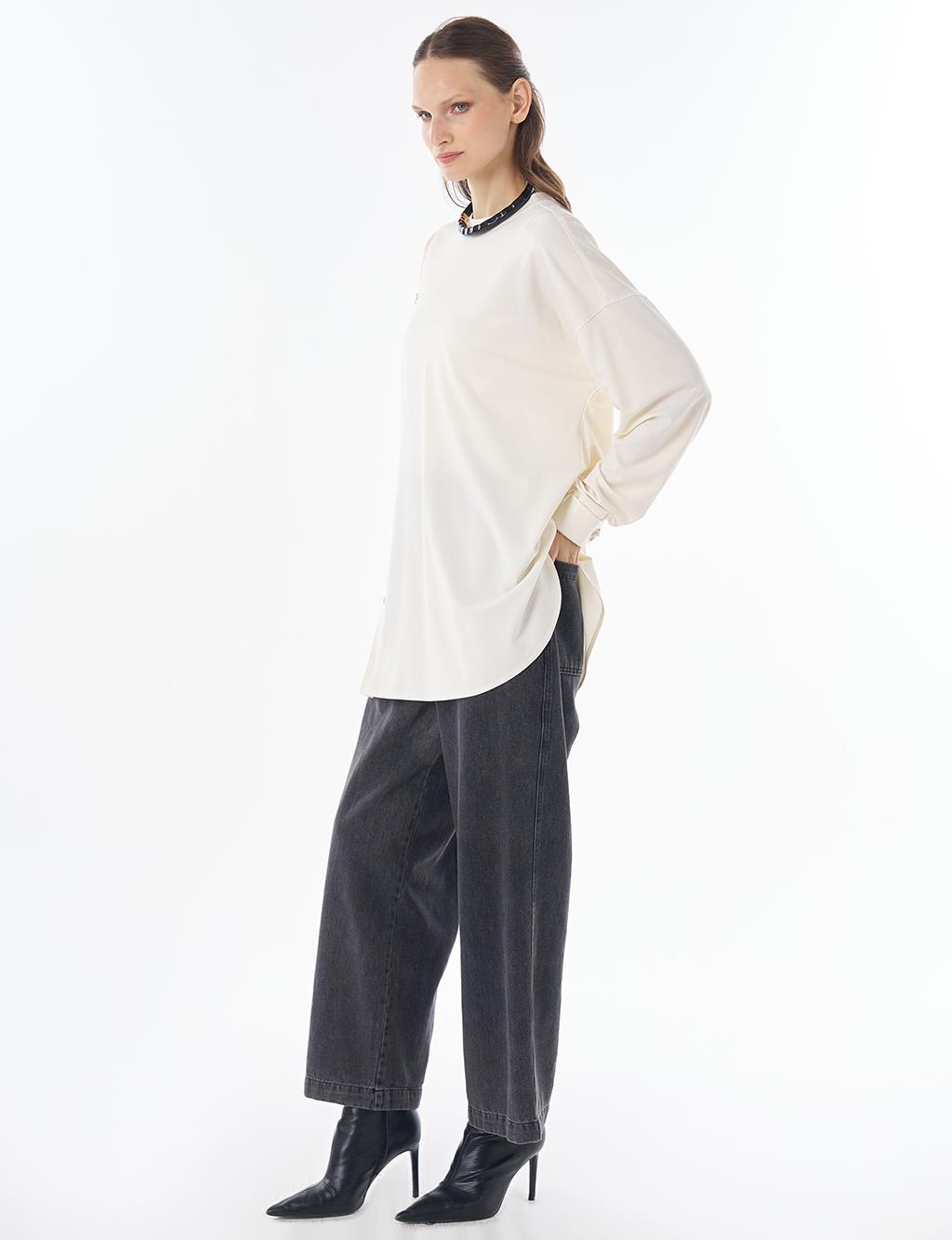 İşleme Detaylı Rayon Sweatshirt Ekru 