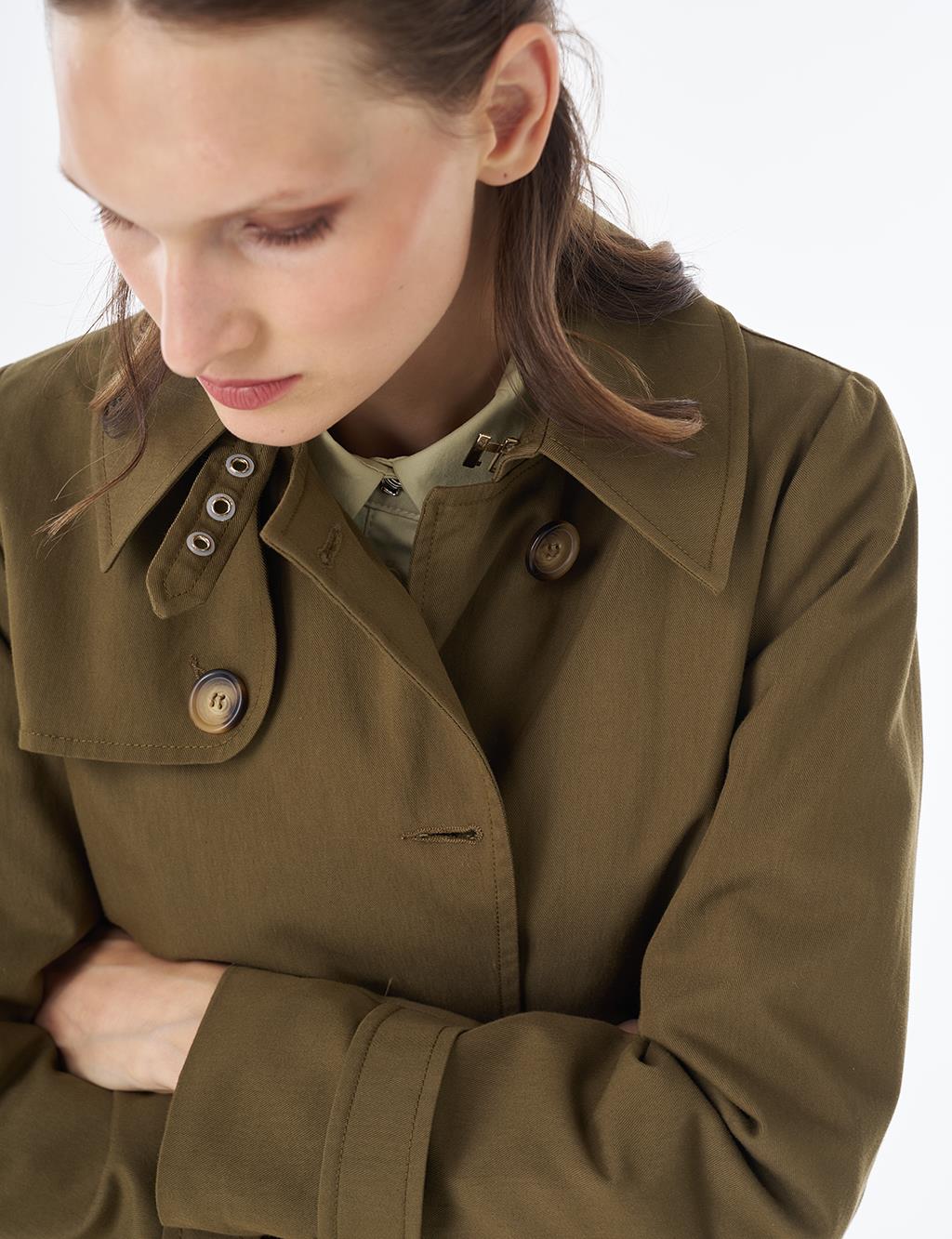 Convertible Collar Double-Breasted Trench Coat Khaki
