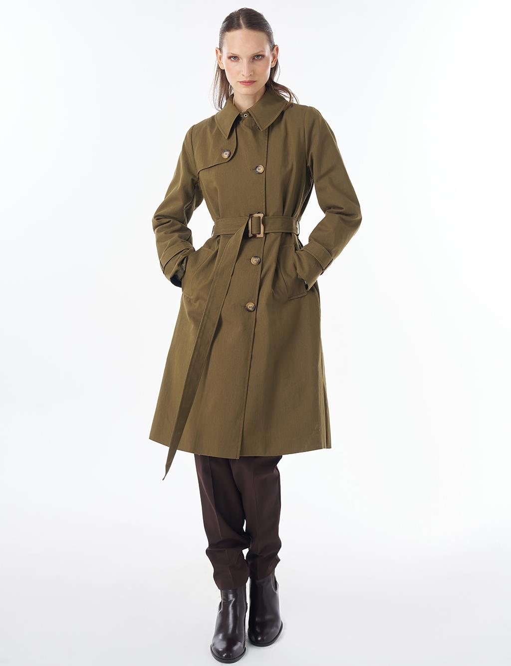 Convertible Collar Double-Breasted Trench Coat Khaki