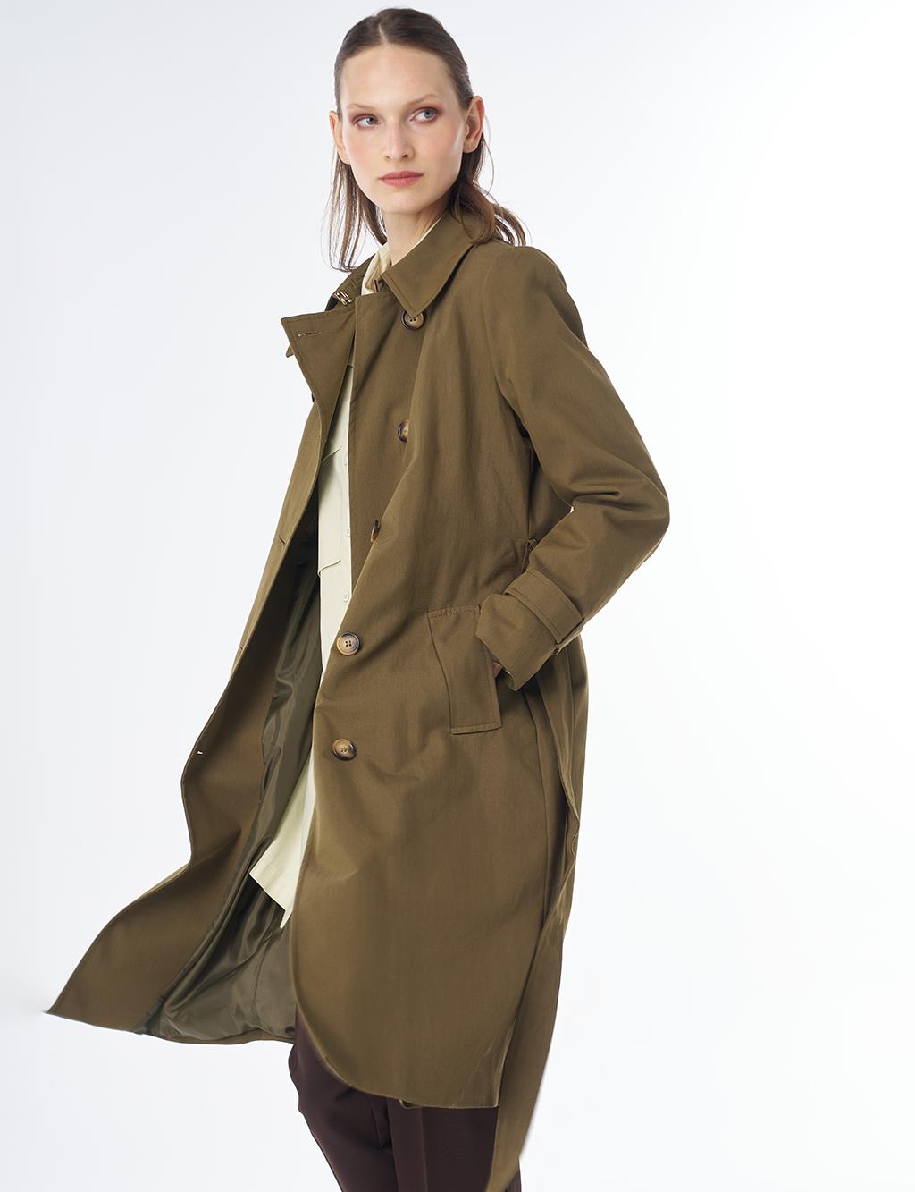 Convertible Collar Double-Breasted Trench Coat Khaki