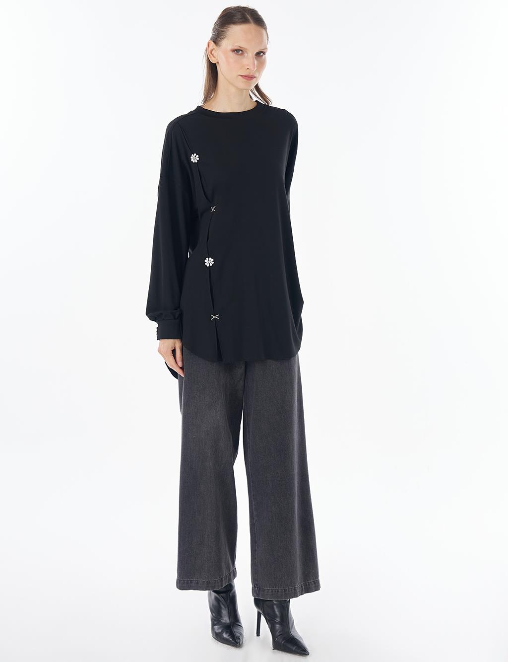 İşleme Detaylı Rayon Sweatshirt Siyah 