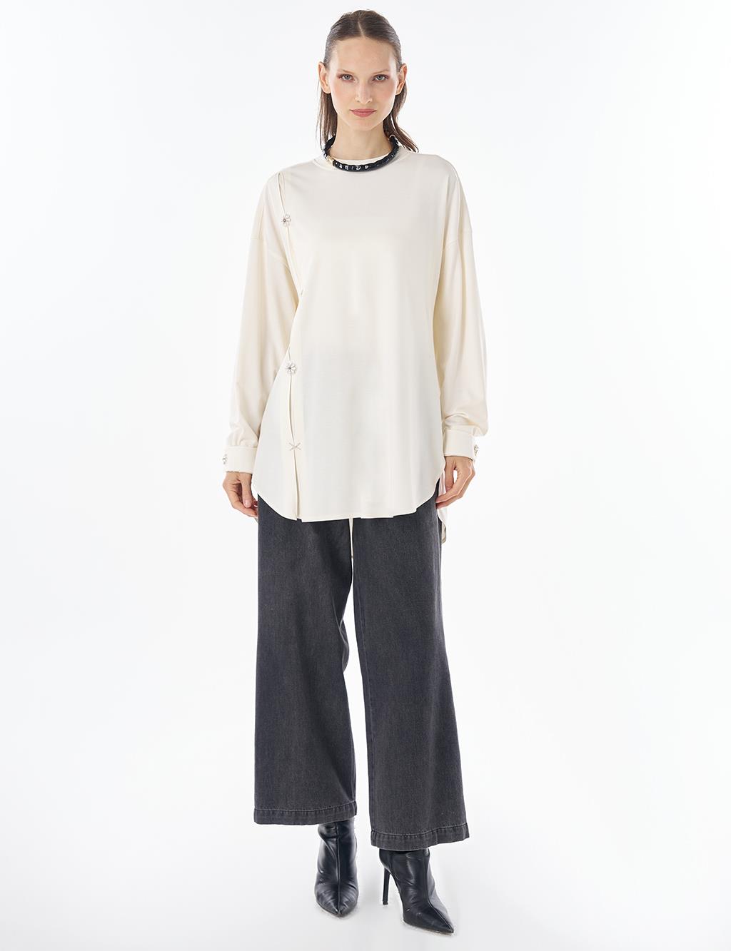 İşleme Detaylı Rayon Sweatshirt Ekru 