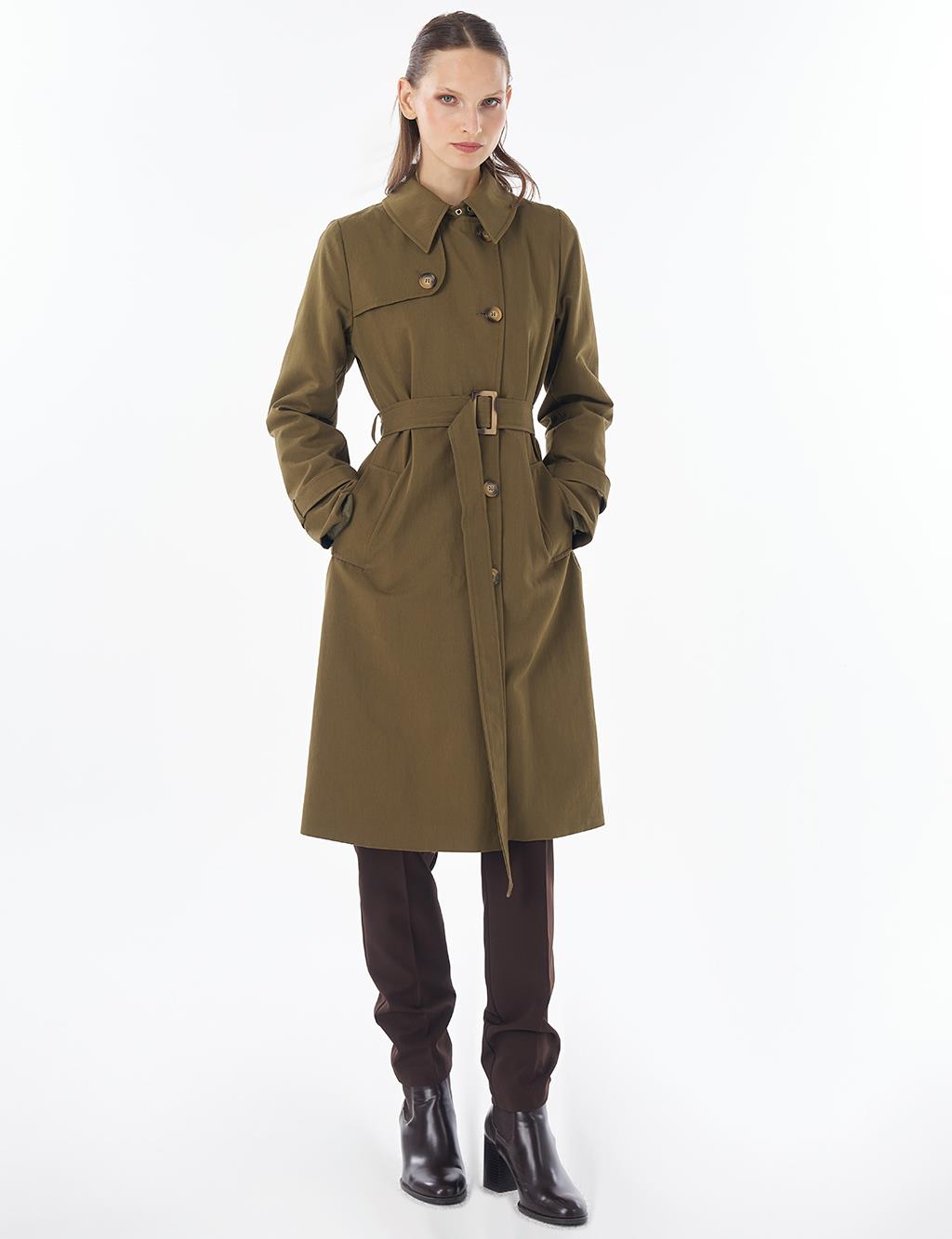 Convertible Collar Double-Breasted Trench Coat Khaki