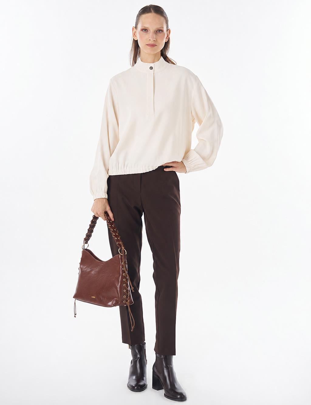 Stand Collar Rayon Blouse Cream