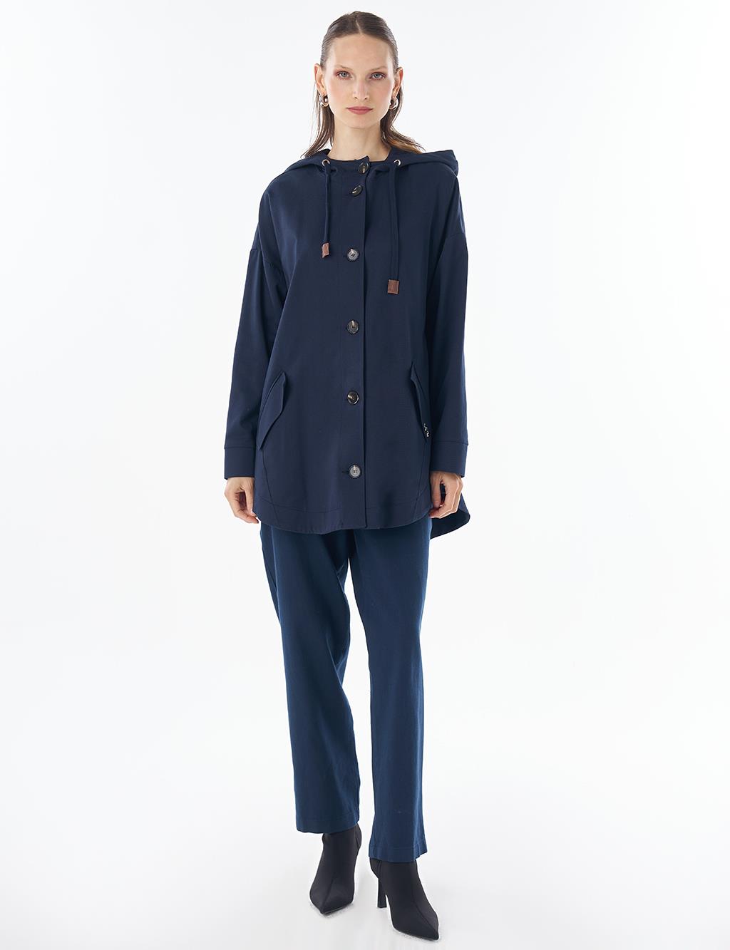 Hooded Cropped Trench Coat Dark Navy