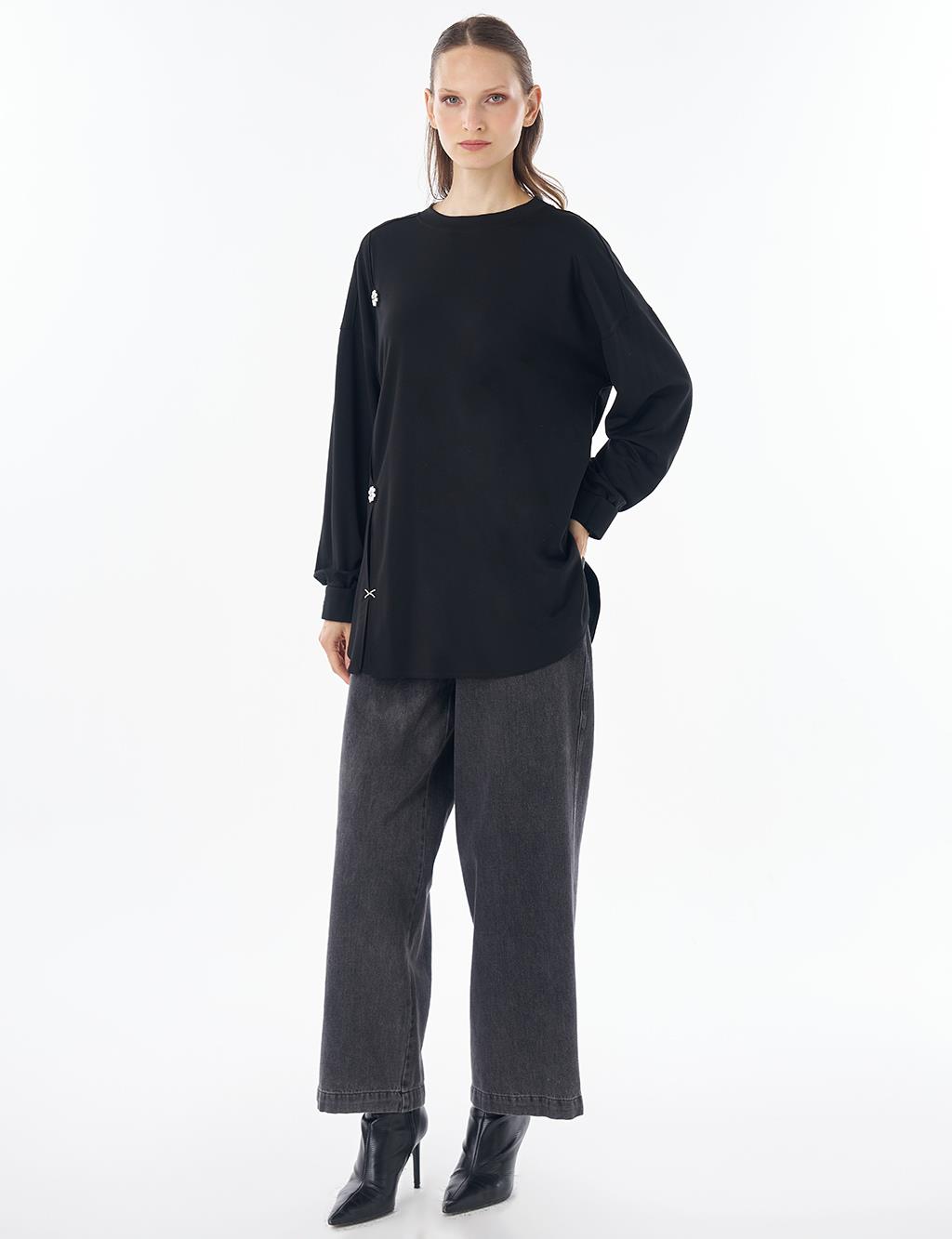 İşleme Detaylı Rayon Sweatshirt Siyah 