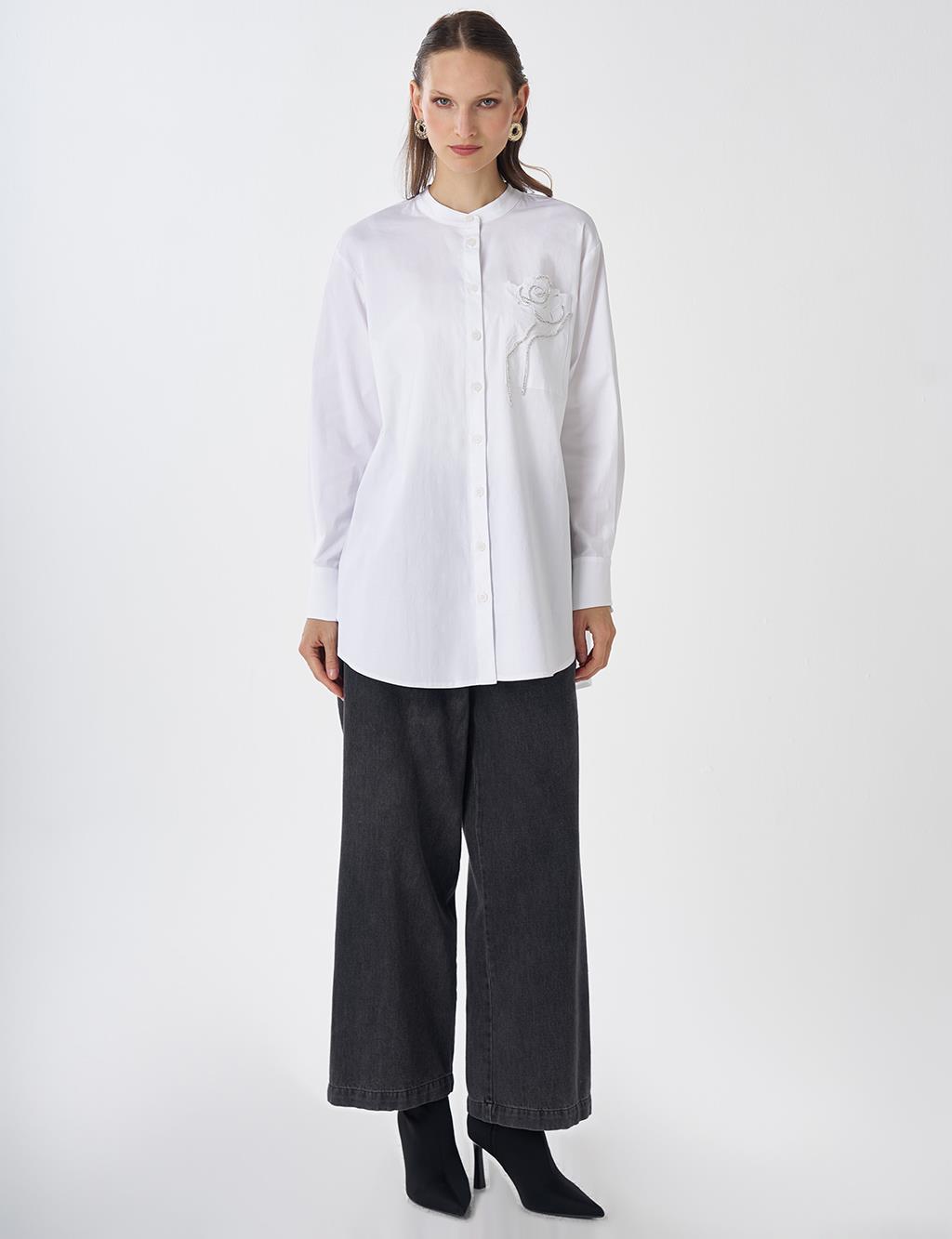 Band Collar Cotton Tunic Optical White