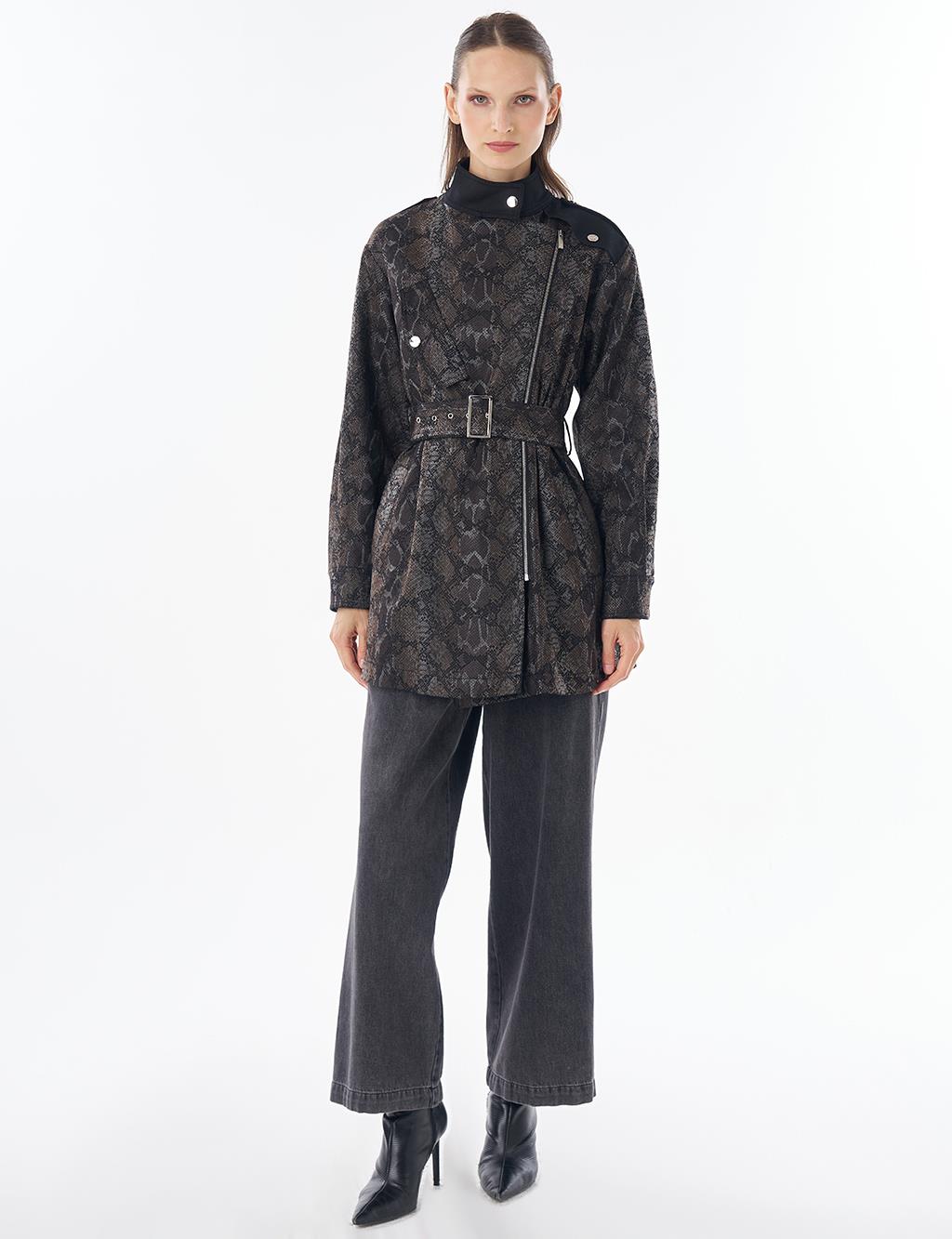 Animal Print Stand Collar Jacket Black