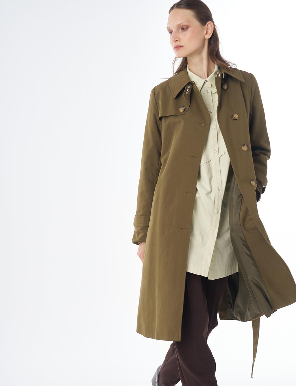 Convertible Collar Double-Breasted Trench Coat Khaki