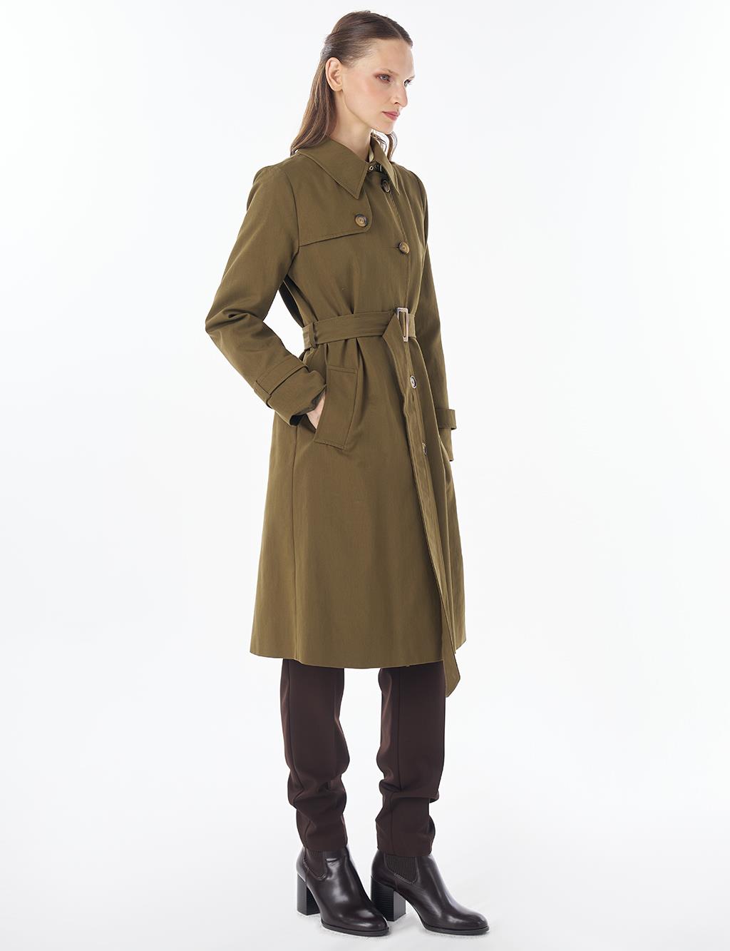 Convertible Collar Double-Breasted Trench Coat Khaki