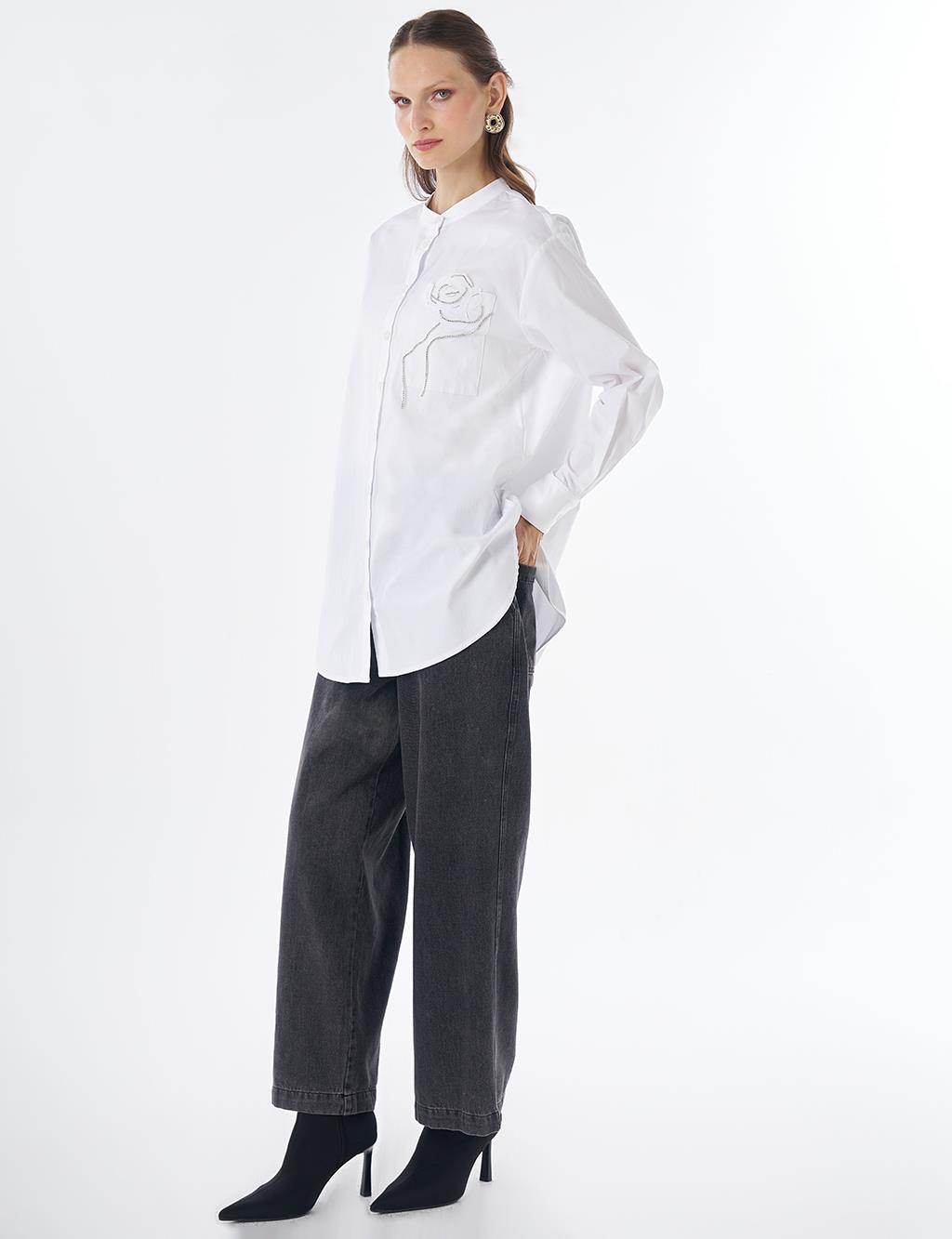 Band Collar Cotton Tunic Optical White