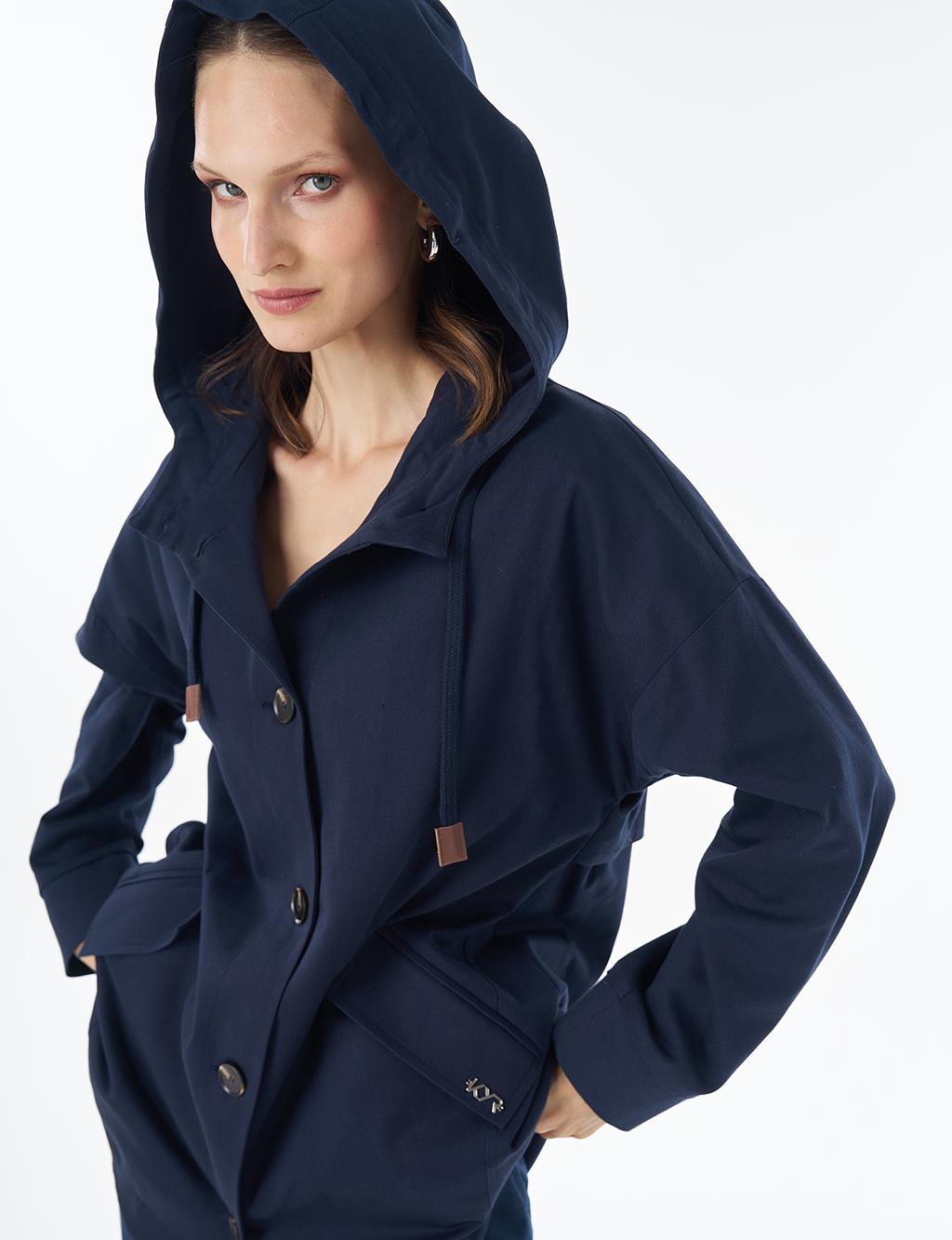 Hooded Cropped Trench Coat Dark Navy