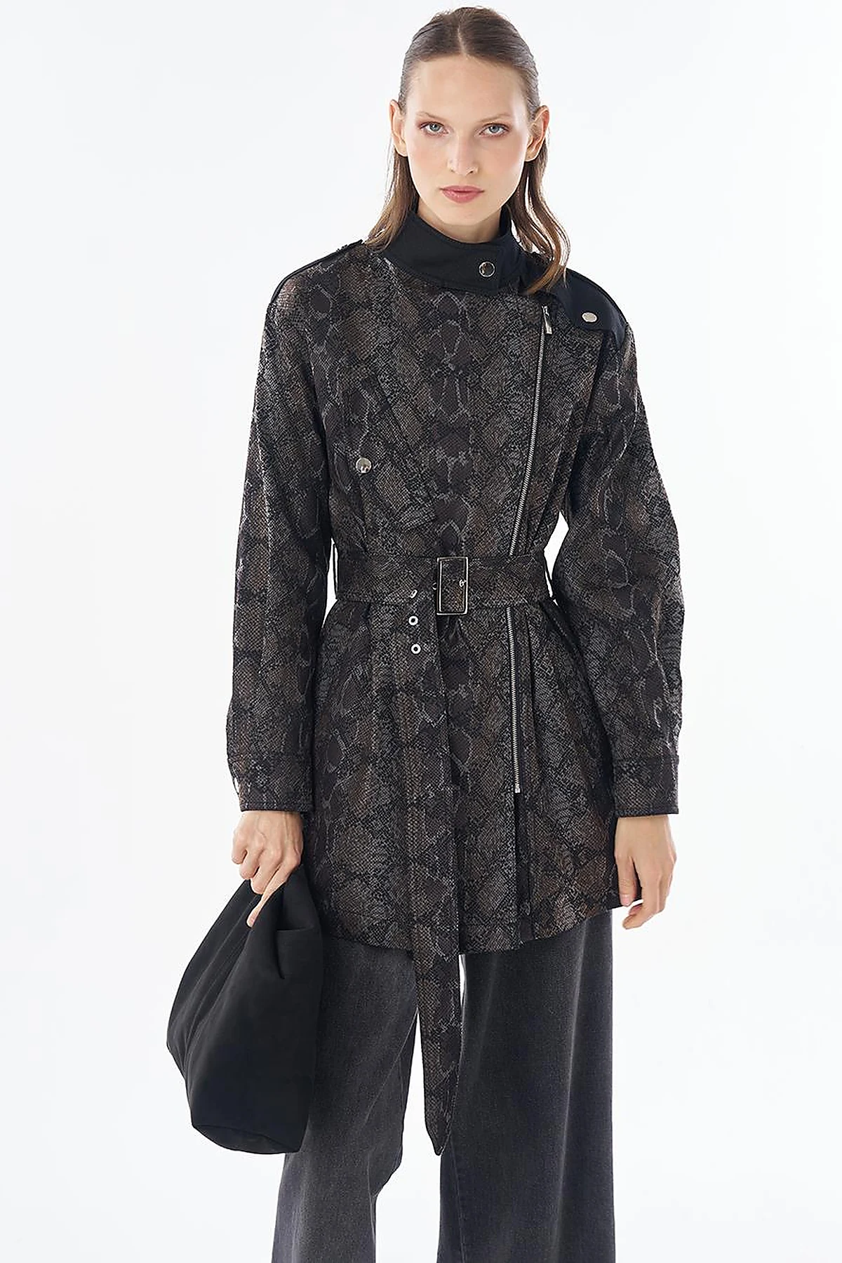 Animal Print Stand Collar Jacket Black
