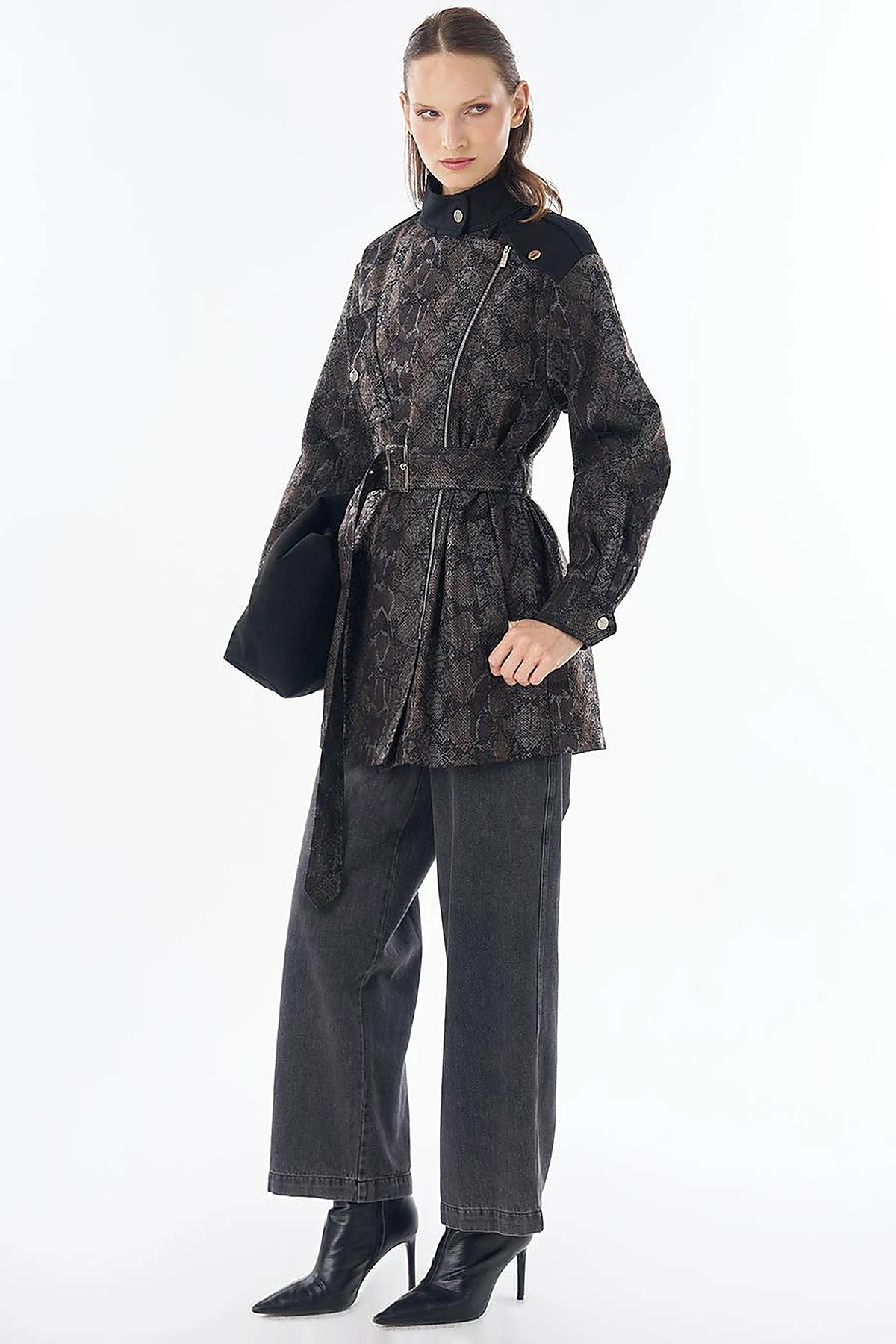 Animal Print Stand Collar Jacket Black