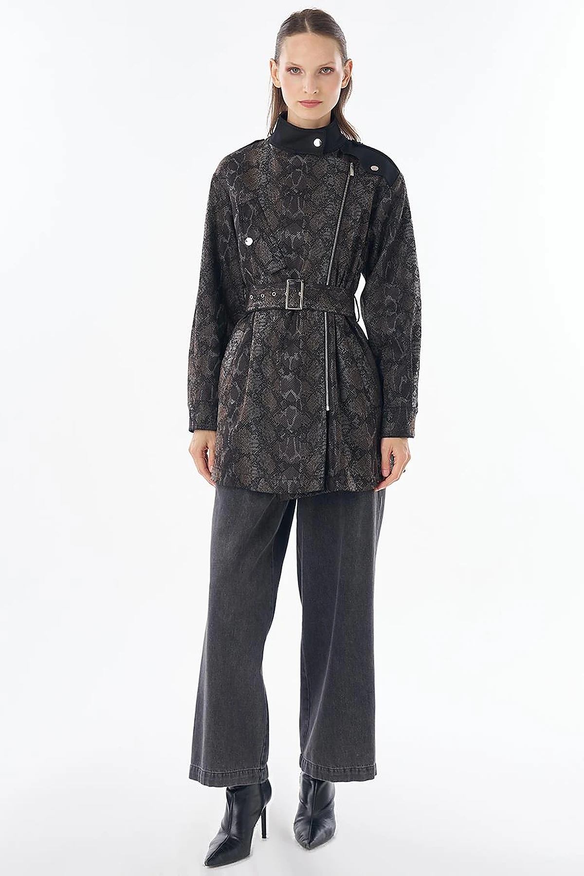 Animal Print Stand Collar Jacket Black