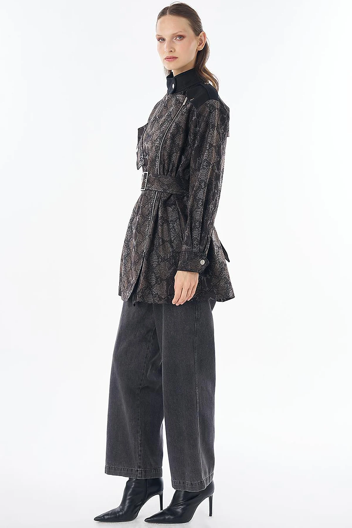 Animal Print Stand Collar Jacket Black