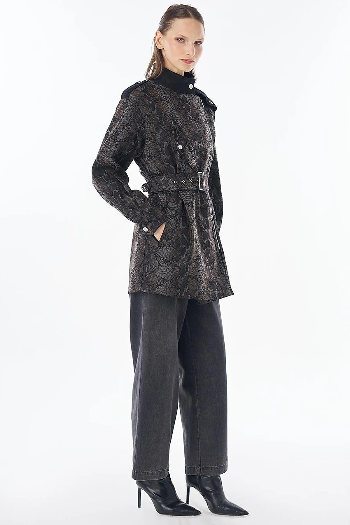 Animal Print Stand Collar Jacket Black