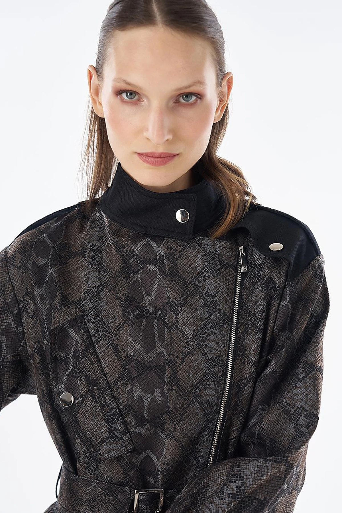Animal Print Stand Collar Jacket Black