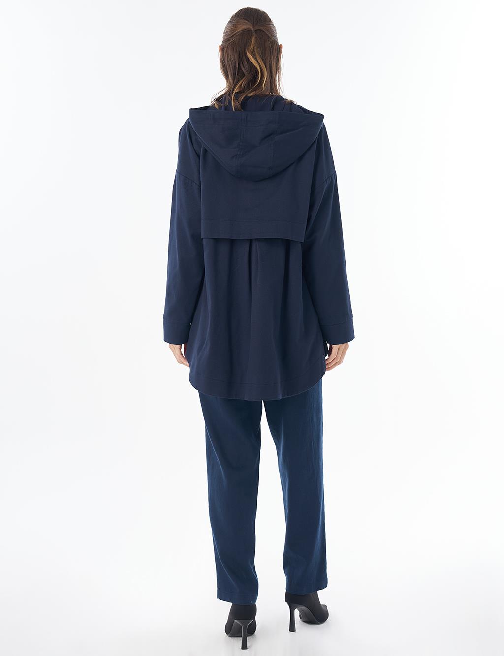 Hooded Cropped Trench Coat Dark Navy
