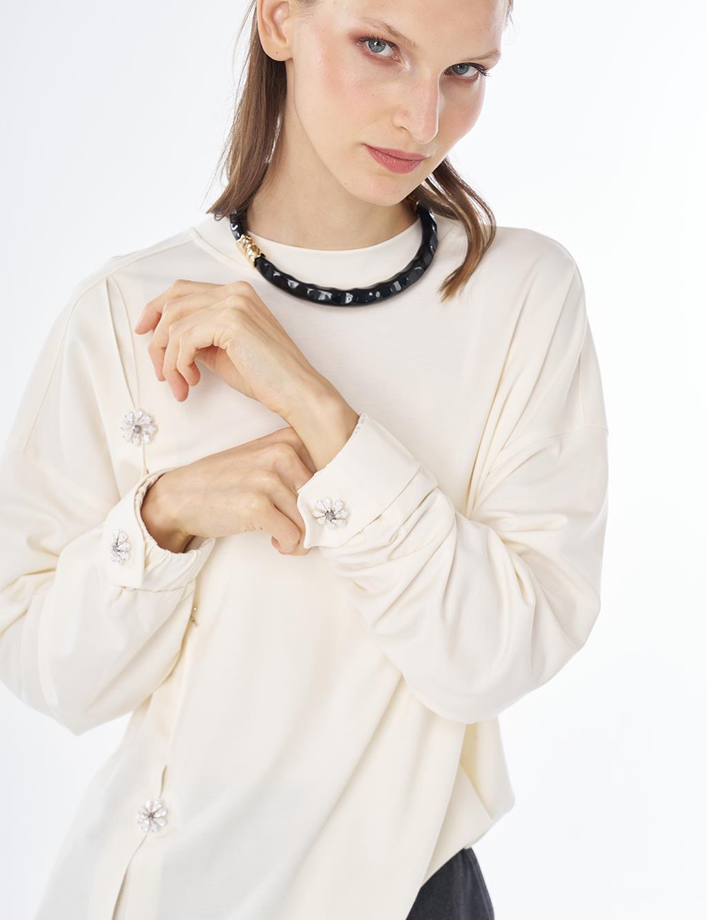 İşleme Detaylı Rayon Sweatshirt Ekru 