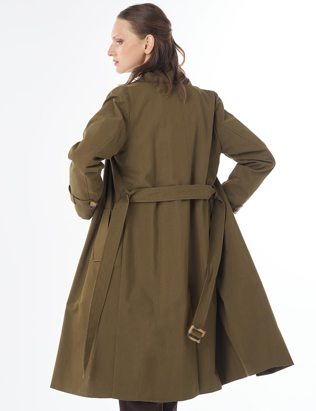 Convertible Collar Double-Breasted Trench Coat Khaki