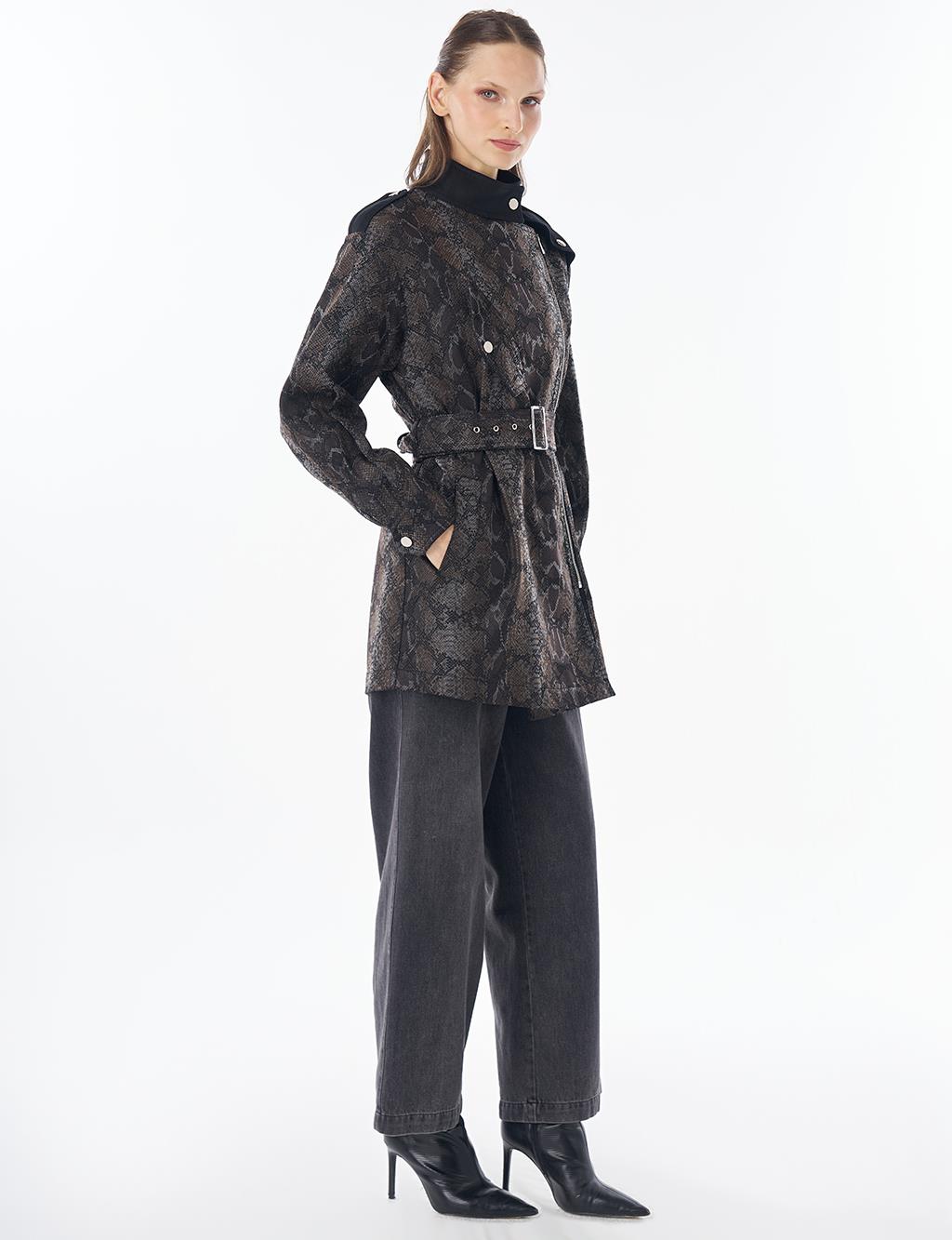 Animal Print Stand Collar Jacket Black