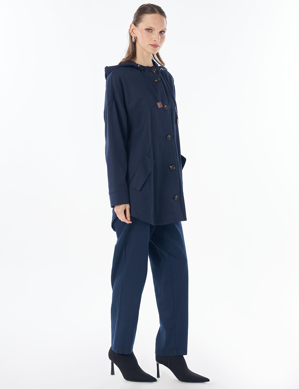 Hooded Cropped Trench Coat Dark Navy