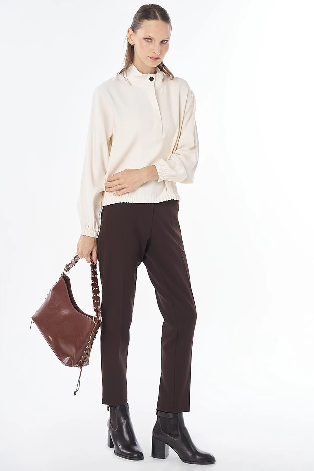 Stand Collar Rayon Blouse Cream