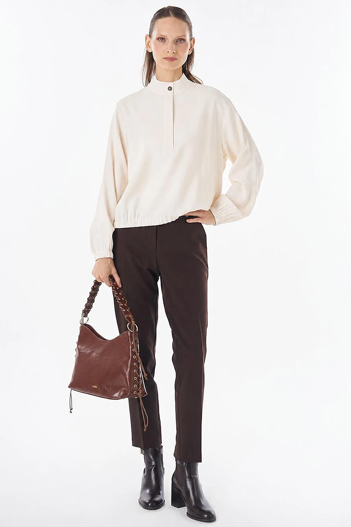 Stand Collar Rayon Blouse Cream