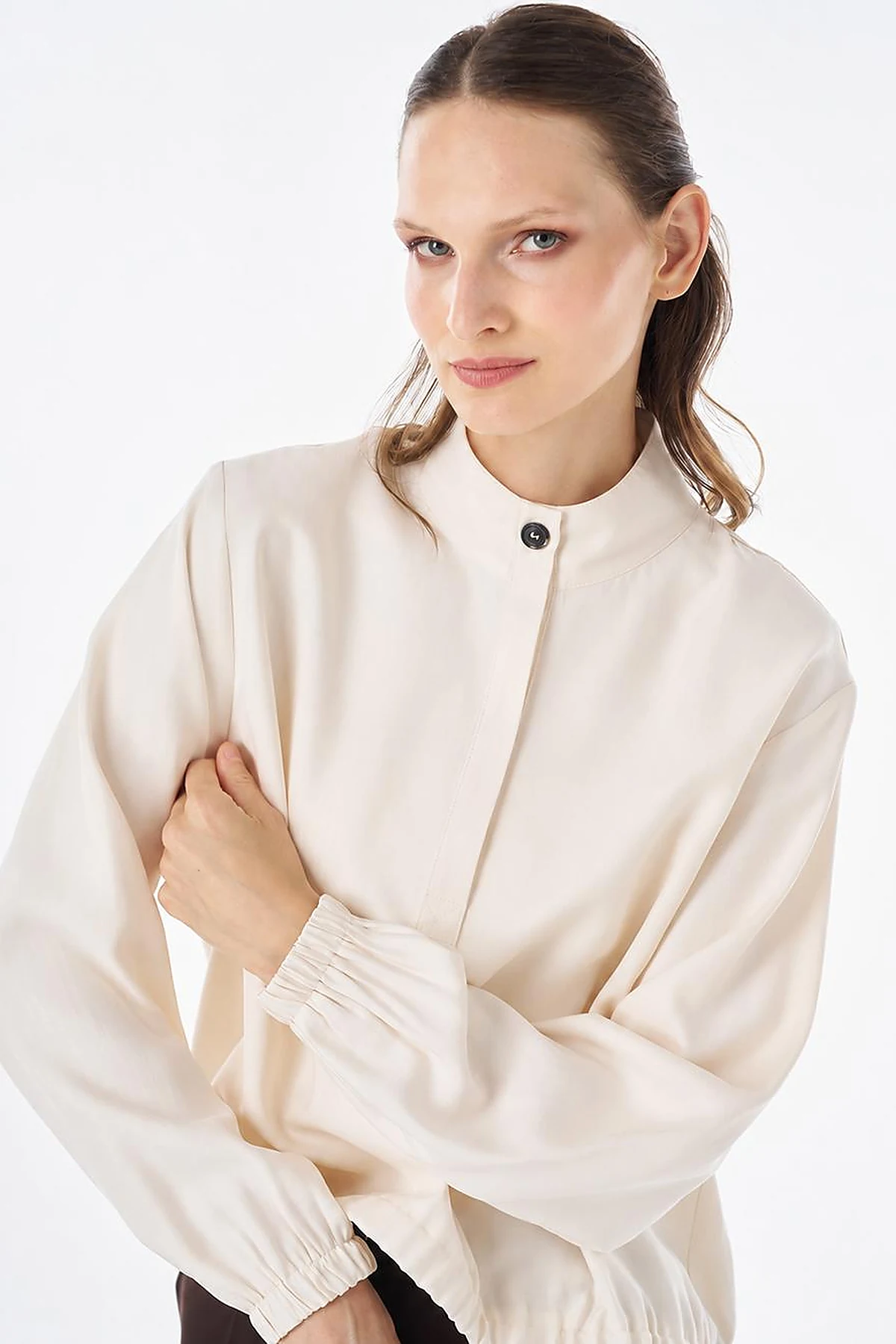 Stand Collar Rayon Blouse Cream