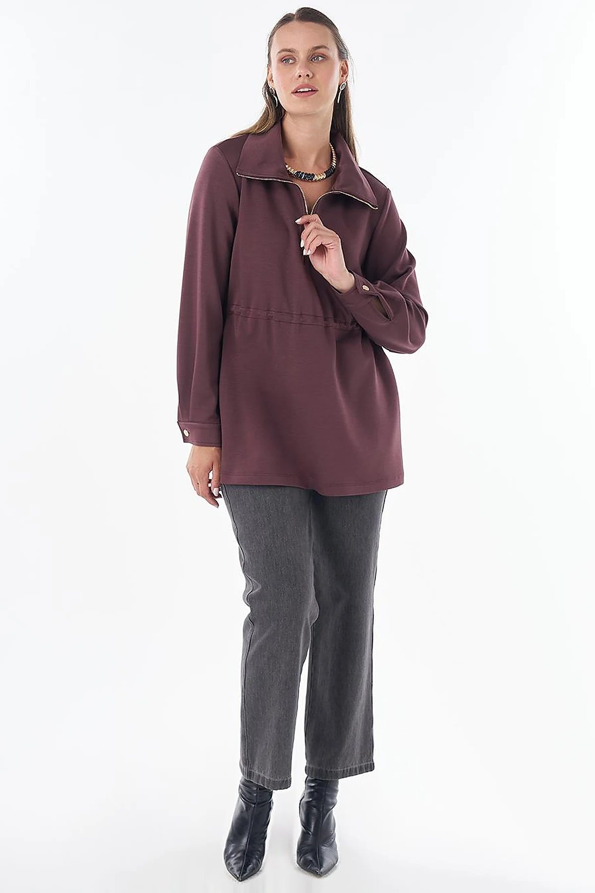 Stand Collar Rayon Sweatshirt Burgundy