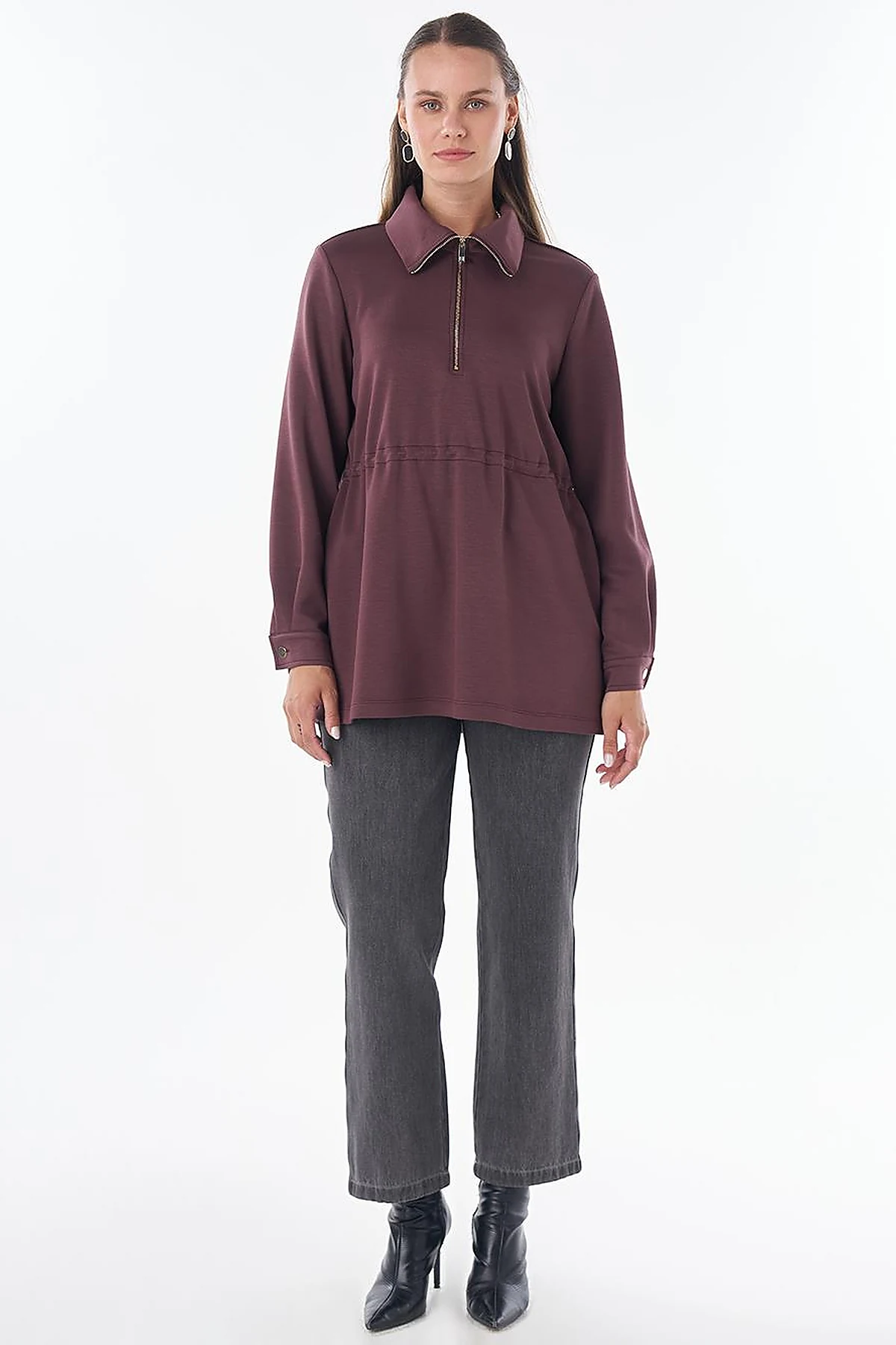 Stand Collar Rayon Sweatshirt Burgundy