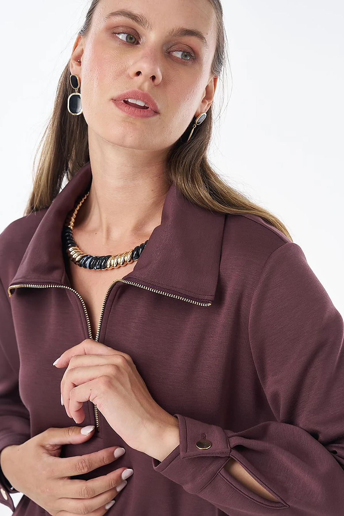 Stand Collar Rayon Sweatshirt Burgundy