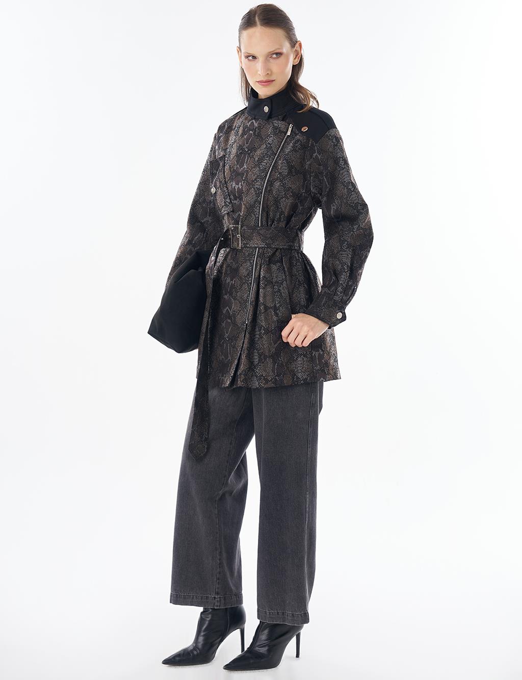 Animal Print Stand Collar Jacket Black