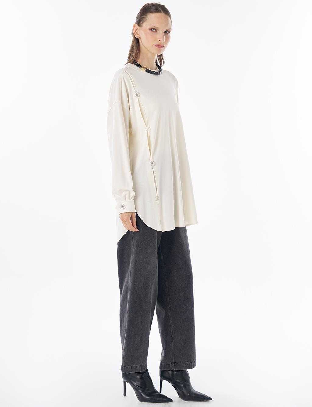 İşleme Detaylı Rayon Sweatshirt Ekru 