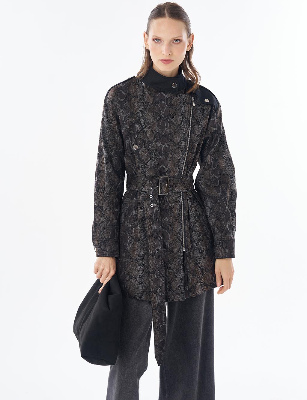Animal Print Stand Collar Jacket Black