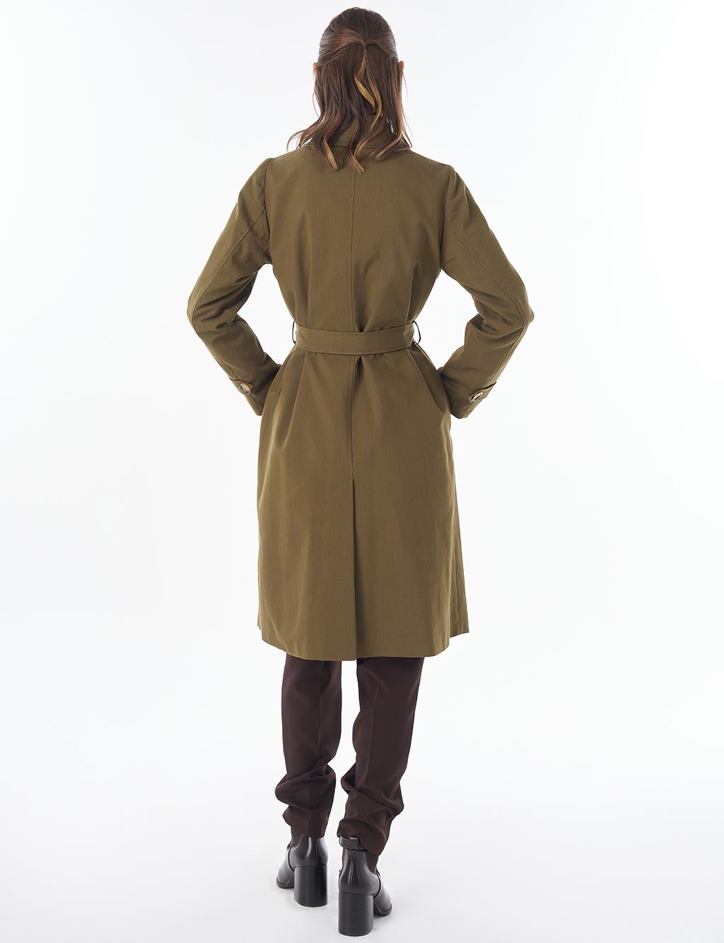 Convertible Collar Double-Breasted Trench Coat Khaki