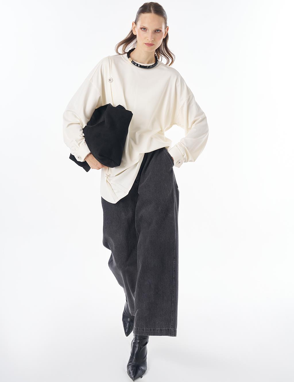 İşleme Detaylı Rayon Sweatshirt Ekru 