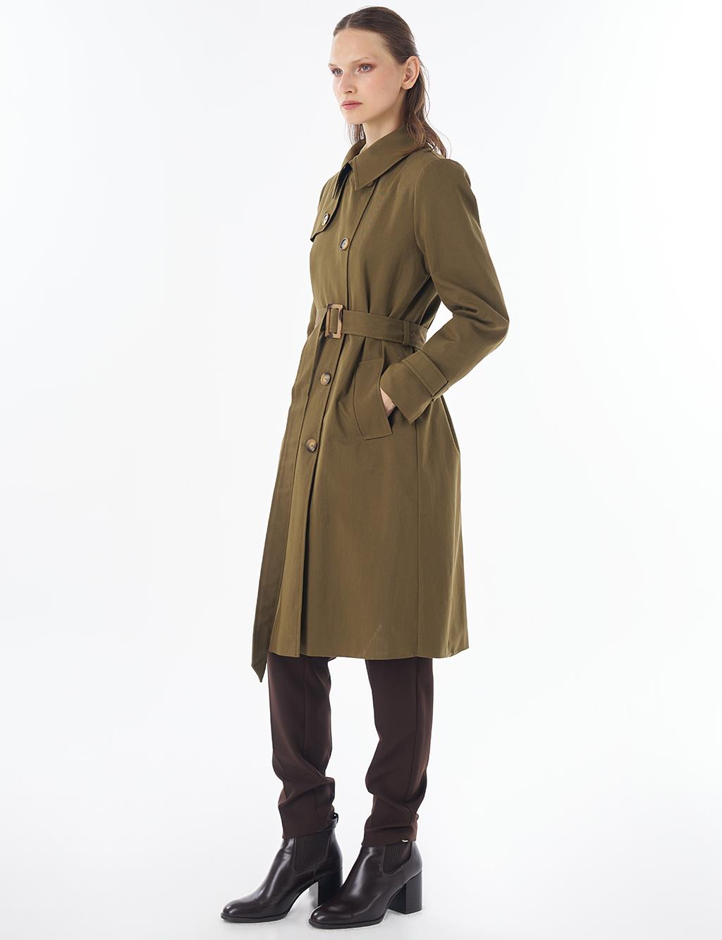 Convertible Collar Double-Breasted Trench Coat Khaki