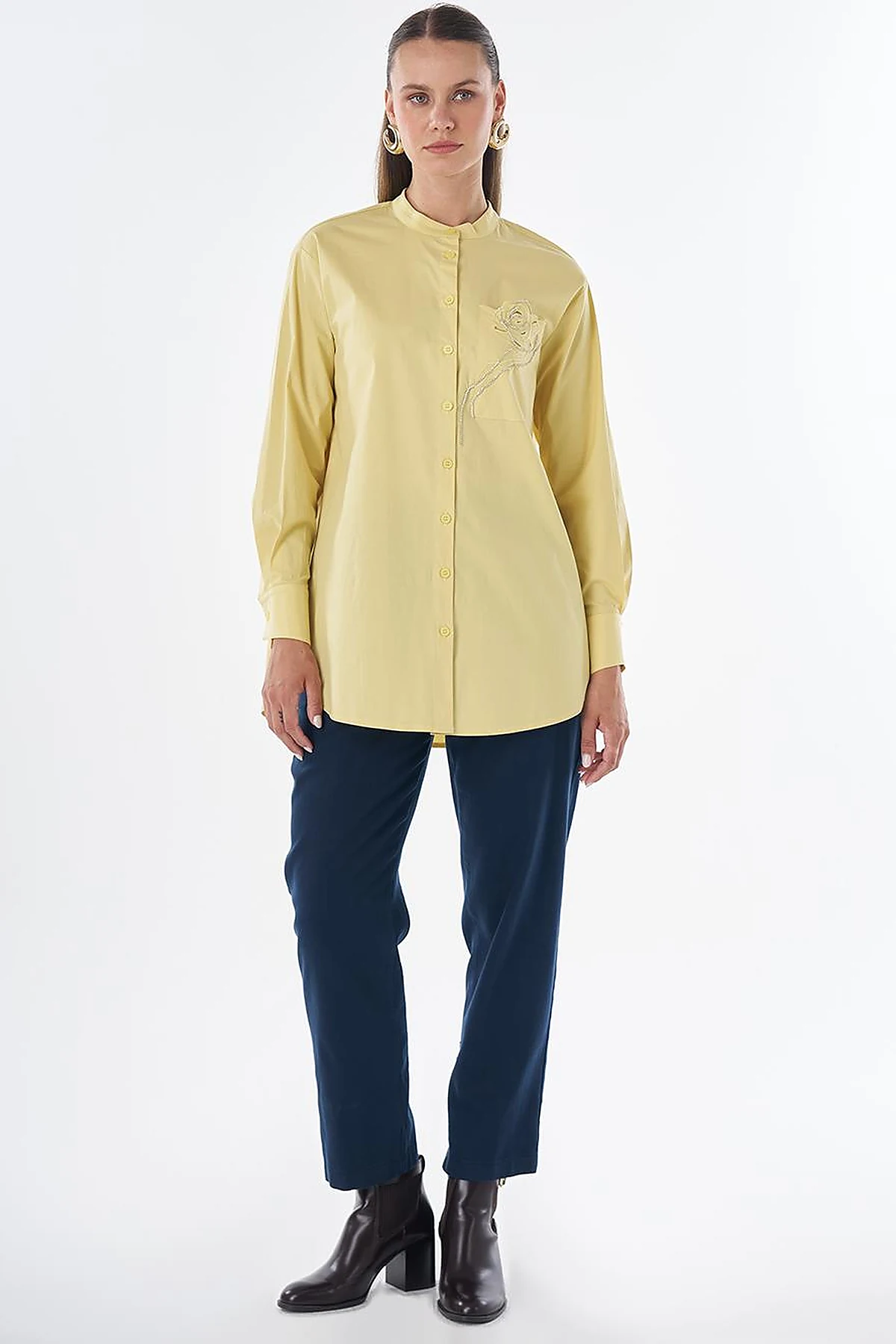 Band Collar Cotton Tunic Lemon